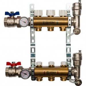 Распределительный коллектор из латуни без расходомеров 3 вых. STOUT