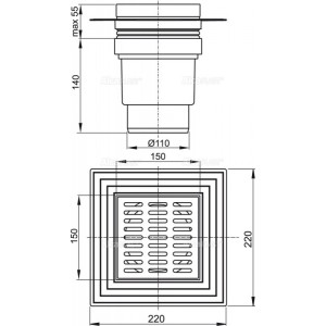 Трап ALCAPLAST Alcadrain 150*150/110мм. прямой пластм.решетка APV11